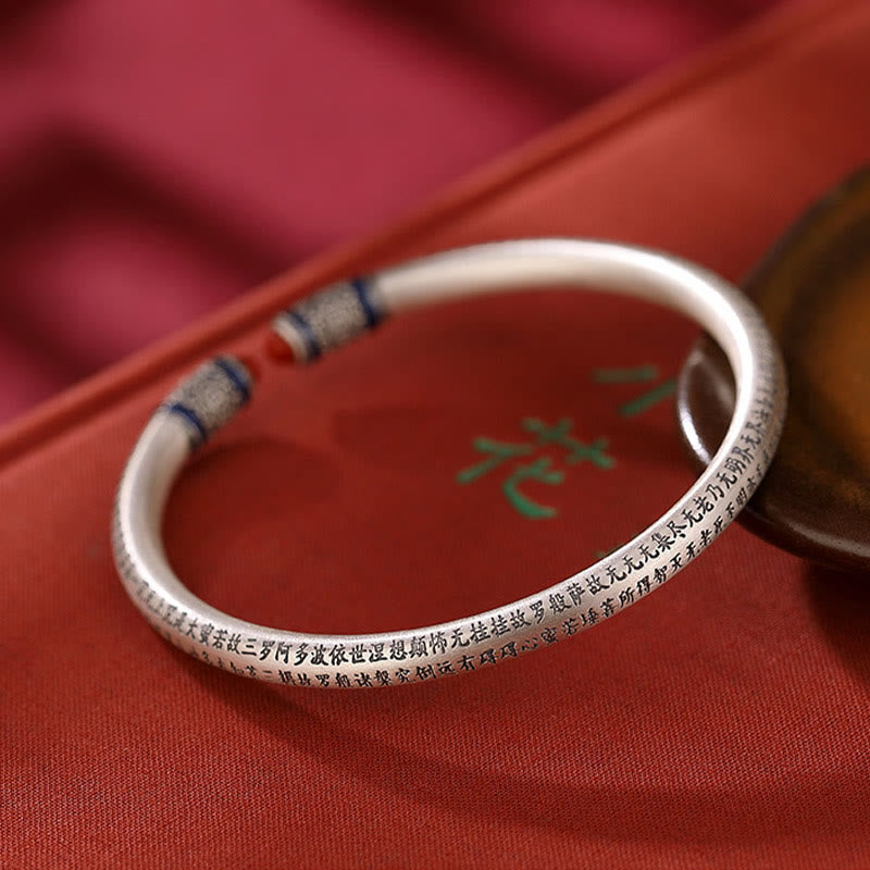 Buddha Stones 999 Sterling Silver Heart Sutra Engraved Red Agate Protection Bracelet Bangle - image 3