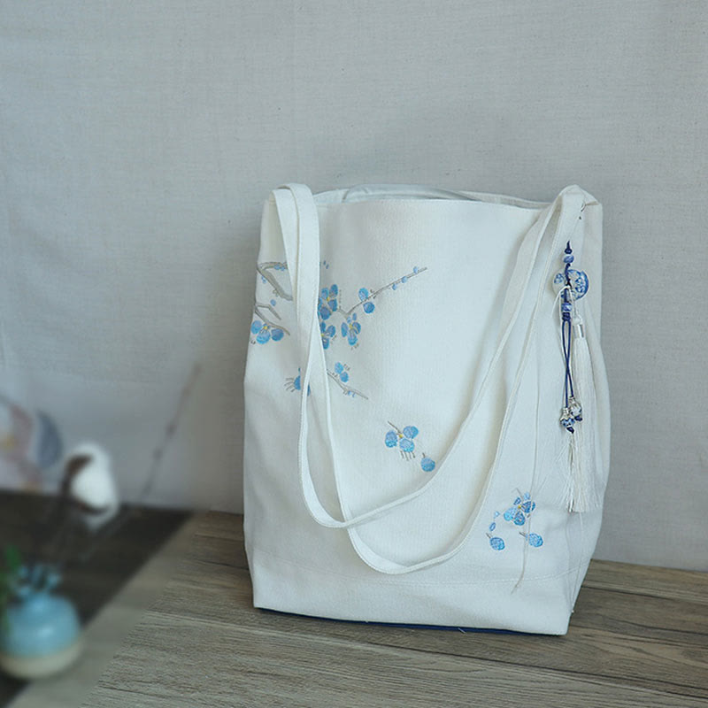 Flower Crane Plum Blossom Embroidery Canvas Large Capacity Shoulder Bag Tote Bag