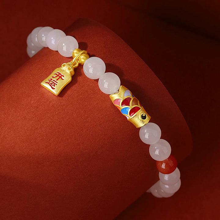 Buddha Stones 925 Sterling Silver Hetian White Jade Red Agate Koi Fish Luck Happiness Bracelet - image 1