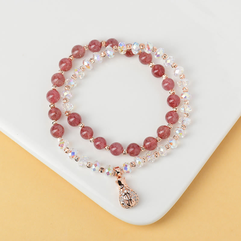 Buddha Stones Strawberry Quartz White Crystal Money Bag Charm Positive Bracelet