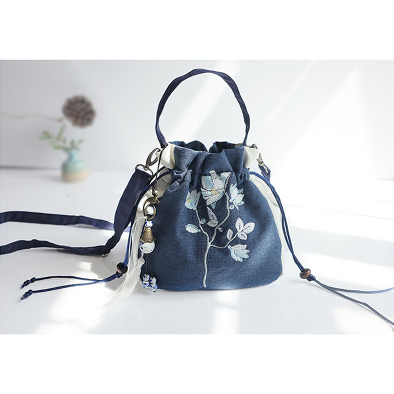 Buddha Stones Handmade Embroidered Flowers Canvas Tote Shoulder Bag Handbag