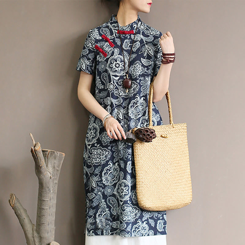 Buddha Stones Blue White Flower Frog-button Cheongsam Dresses Short Sleeve Linen Dresses With Pockets