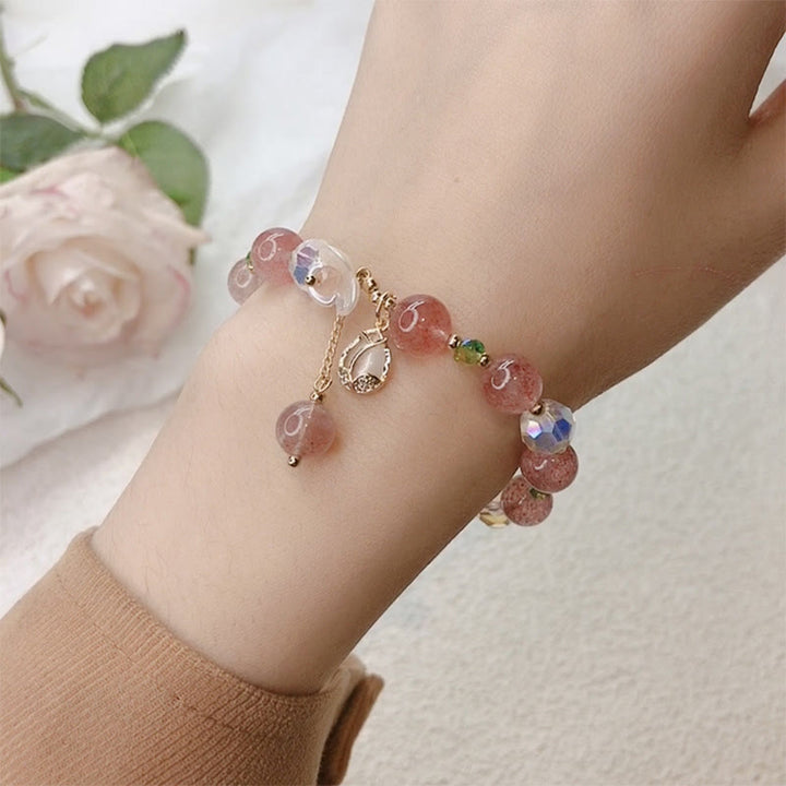 Buddha Stones Strawberry Quartz Rutilated Quartz Fluorite Flower Healing Bracelet