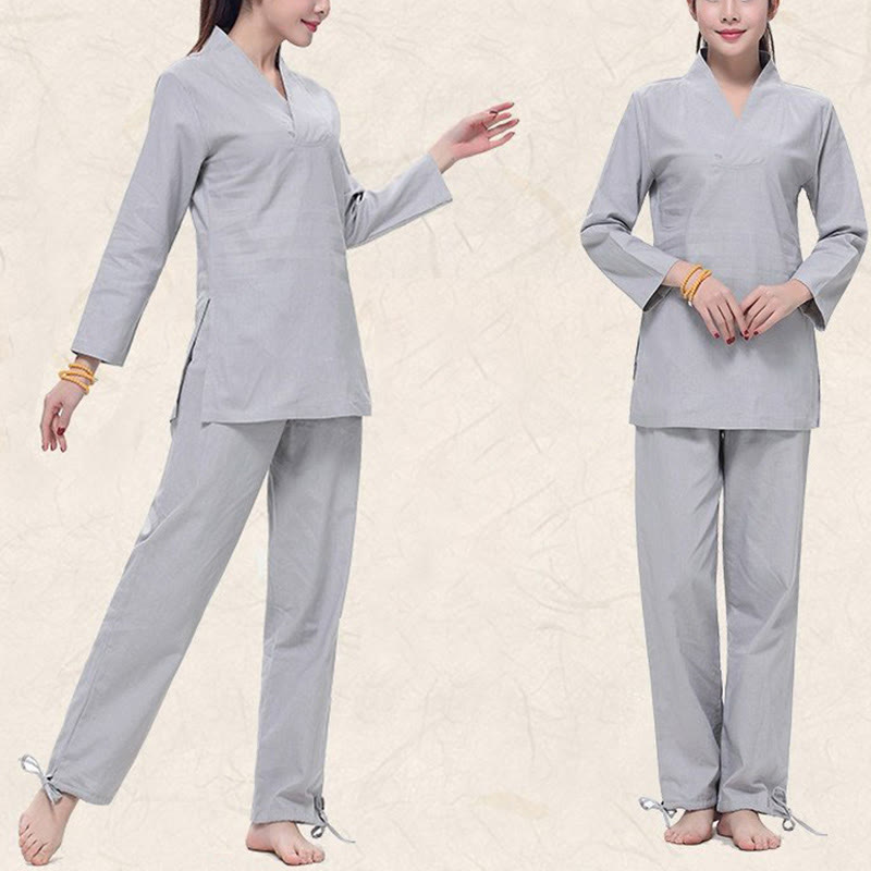 Buddha Stones Zen Practice Yoga Meditation Prayer V-neck Design Uniform Cotton Linen Clothing Women's Set - image 7