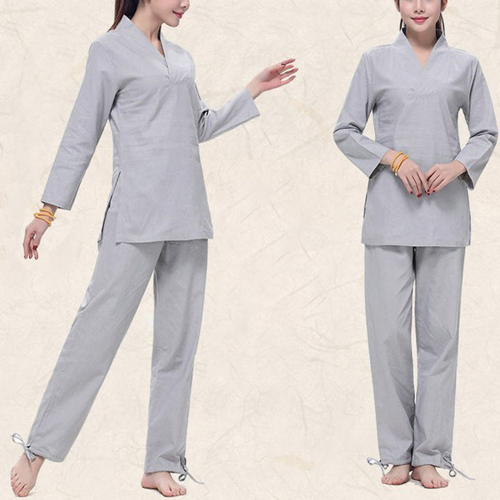 Buddha Stones Zen Practice Yoga Meditation Prayer V-neck Design Uniform Cotton Linen Clothing Women's Set - image 7