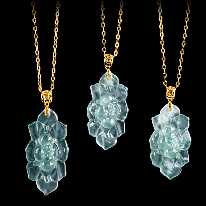 Buddha Stones 18K Gold Natural Jade Lotus Pattern Prosperity Necklace Pendant - image 8