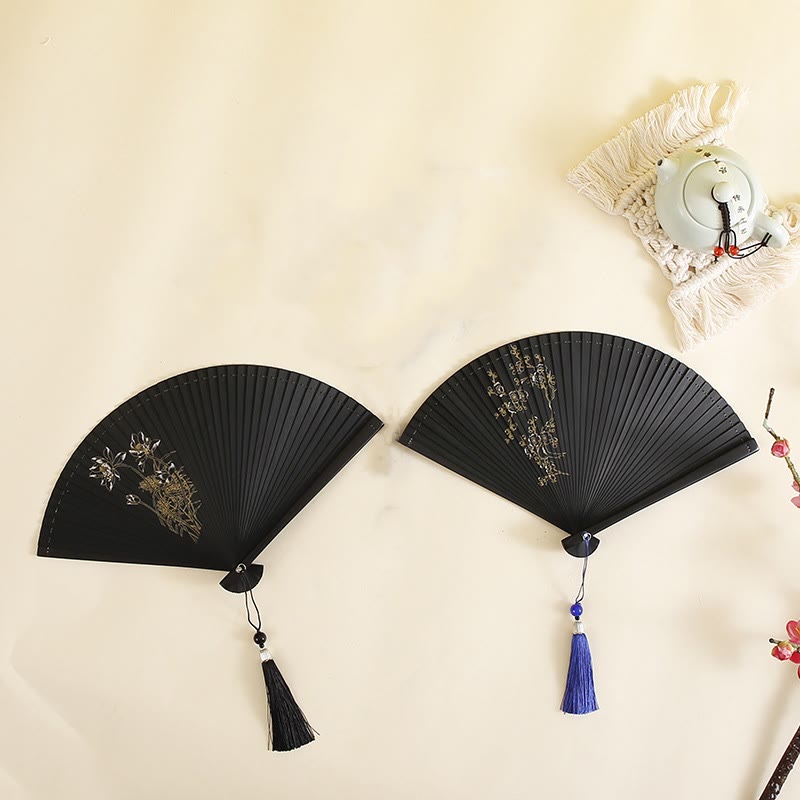 Buddha Stones Hibiscus Flower Plum Blossom Handheld Bamboo Folding Fan