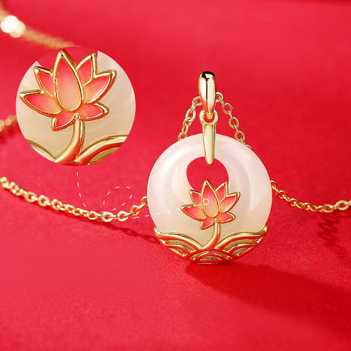Buddha Stones 925 Sterling Silver Hetian White Jade Lotus Flower Blessing Necklace Pendant - image 4
