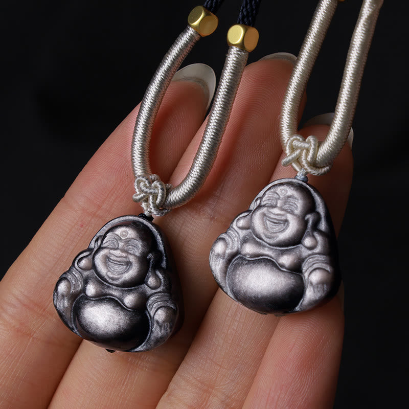 Buddha Stones Natural Silver Sheen Obsidian Laughing Buddha Protection Necklace Pendant - image 2