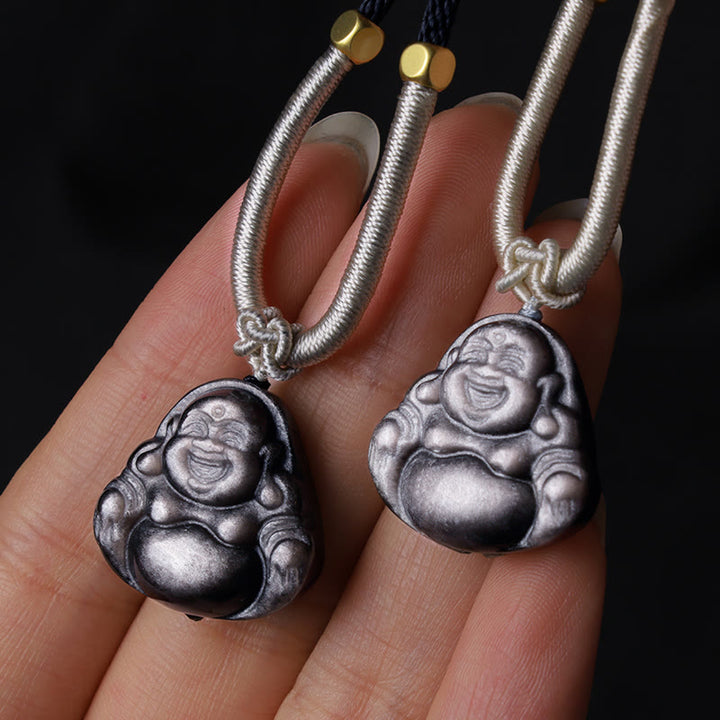 Buddha Stones Natural Silver Sheen Obsidian Laughing Buddha Protection Necklace Pendant - image 2