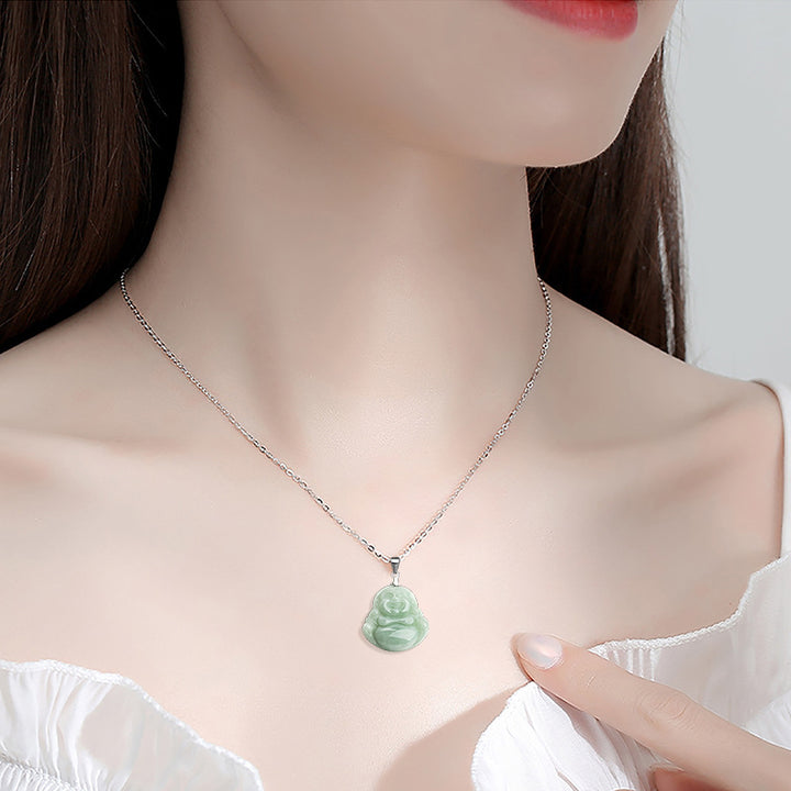 Buddha Stones 925 Sterling Silver Laughing Buddha Jade Blessing Necklace Chain Pendant - image 3