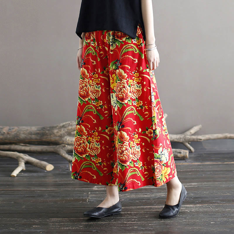 Buddha Stones Red Peony Flowers Cotton Linen Wide Leg Pants With Pockets