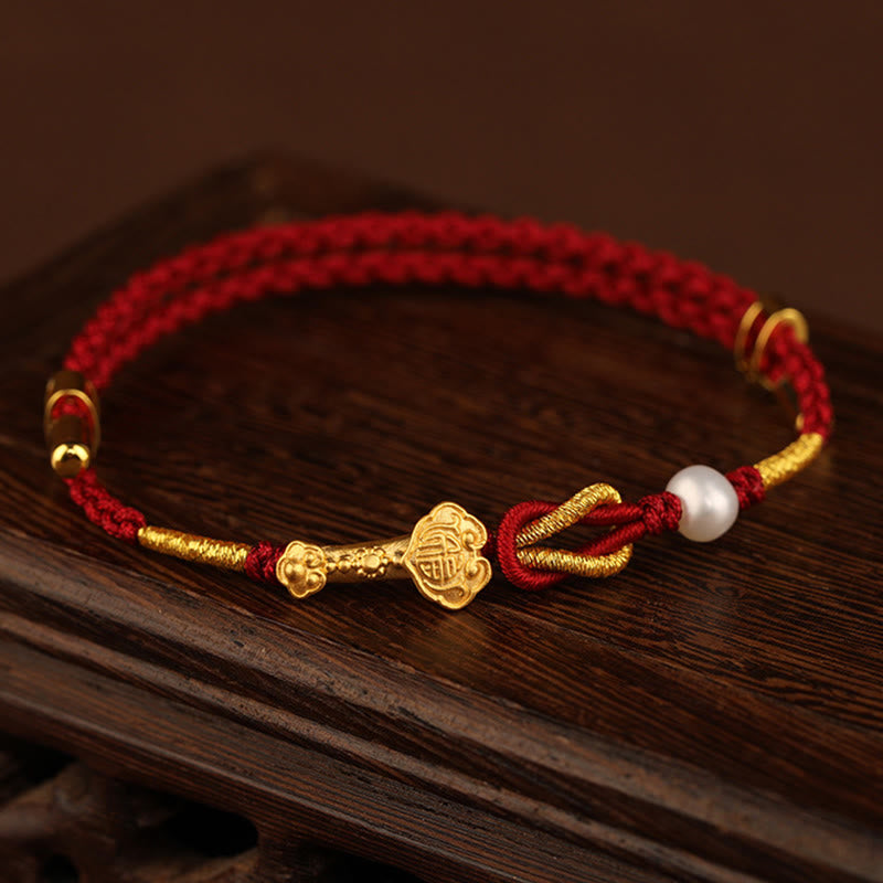 Buddha Stones 24K Gold Wish Ruyi Handle Fu Character Rabbit Pearl Luck Braided Bracelet - image 2