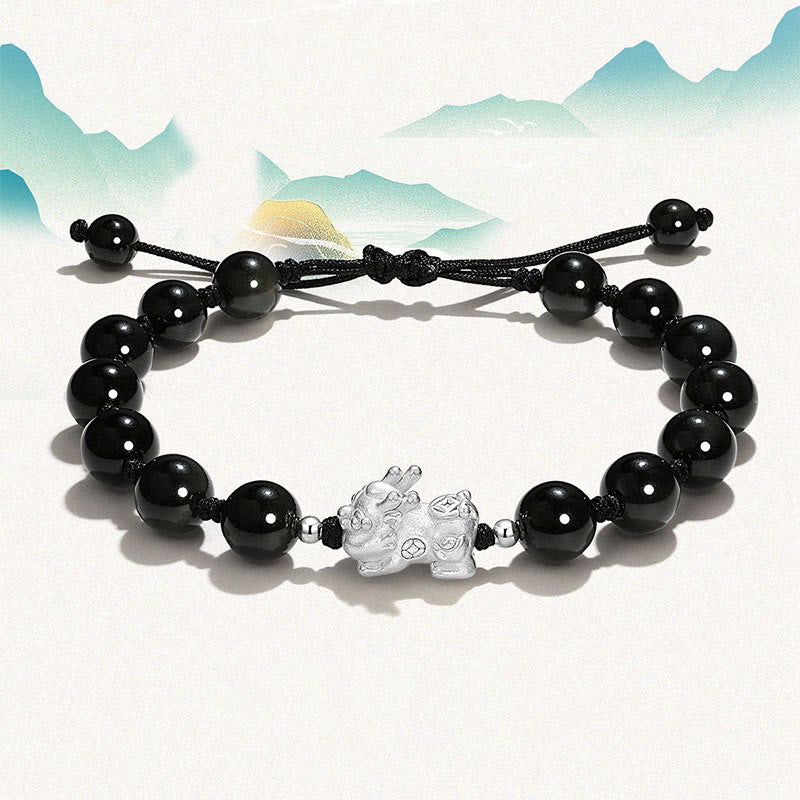 Buddha Stones Natural Black Obsidian Cat's Eye Pink Crystal PiXiu Strength Bracelet - Black Obsidian PiXiu(Wrist Circumference 15-16cm) - image 0