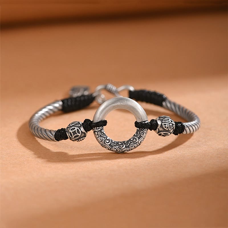 Buddha Stones 999 Sterling Silver Fu Character Peace Buckle Copper Coin Auspicious Clouds Fortune Bracelet - 999 Sterling Silver(Bracelet Size 18+1cm) - image 0