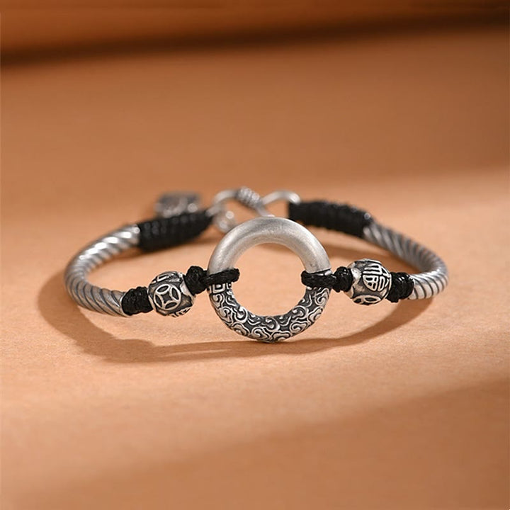 Buddha Stones 999 Sterling Silver Fu Character Peace Buckle Copper Coin Auspicious Clouds Fortune Bracelet - 999 Sterling Silver(Bracelet Size 18+1cm) - image 0