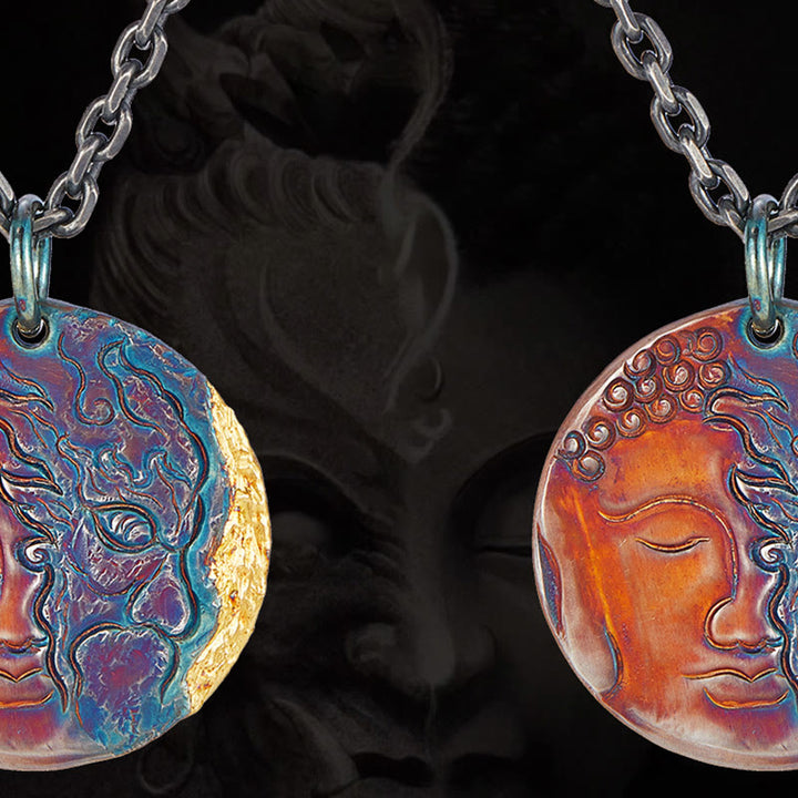 Buddha Stones 999 Sterling Silver 24K Gold Half Demon Half Buddha Compassion Necklace Pendant - image 1