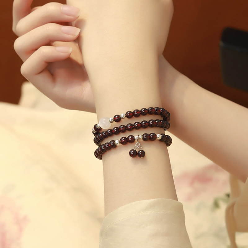 Buddha Stones 925 Sterling Silver Natural Garnet Cat Eye Protection Triple Wrap Bracelet - image 8