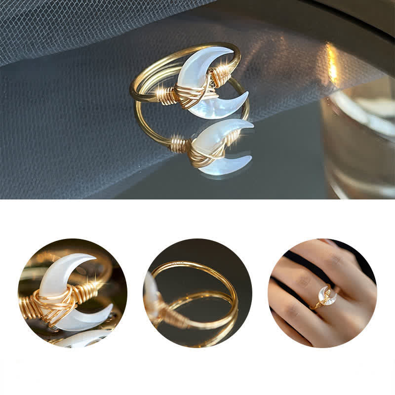 Buddha Stones Natural Tridacna Stone Moon 14K Gold Blessing Ring - image 9