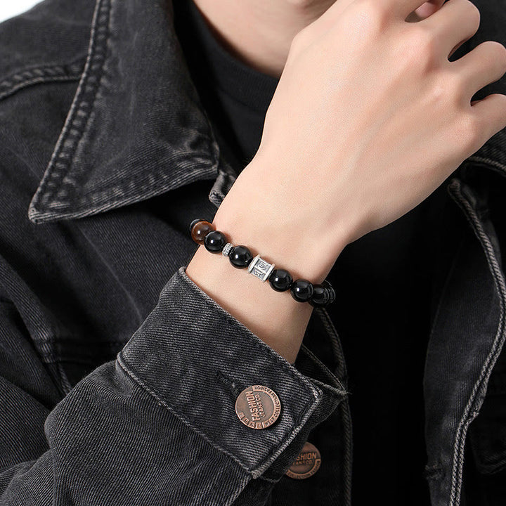 Buddha Stones 999 Sterling Silver Black Obsidian Tiger Eye Om Mani Padme Hum Fulfillment Bracelet - image 6