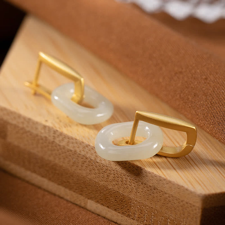 925 Sterling Silver Round White Jade Happiness Blessing Earrings - image 2