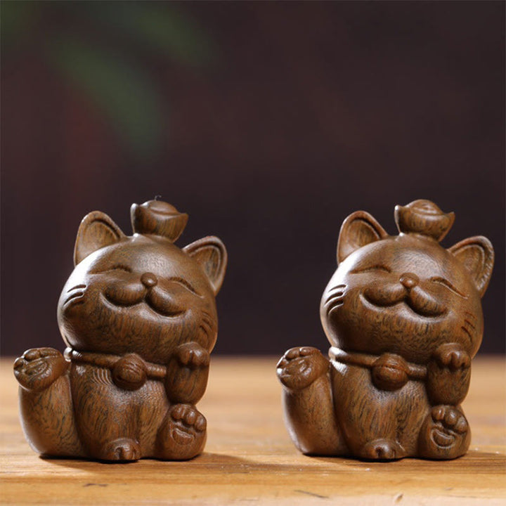 Buddha Stones Mini Green Sandalwood Ingot Lucky Cat Carved Peace Desk Decorations - image 15