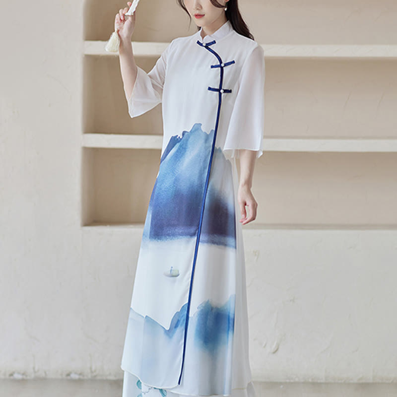 Buddha Stones Blue Landscape Painting Three Quarter Chinese Cheongsam Midi Dress