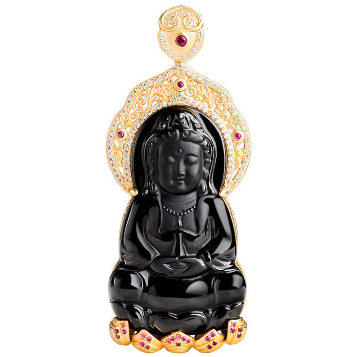 Buddha Stones 925 Sterling Silver Natural Black Jade Kwan Yin Avalokitesvara Wealth Necklace Pendant - image 4