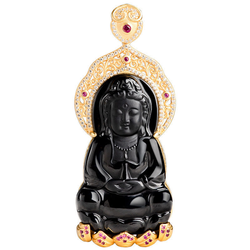 Buddha Stones Natural Black Jade Kwan Yin Avalokitesvara Wealth Titanium Steel Chain Necklace Pendant - image 3