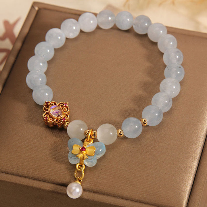 Buddha Stones Aquamarine Cat's Eye Healing Butterfly Pearl Charm Bracelet