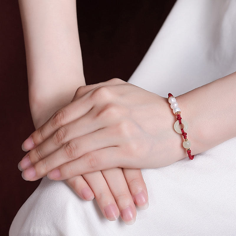 Buddha Stones 925 Sterling Silver Plated Gold Hetian Jade Peace Buckle Pearl Luck Bracelet - image 8