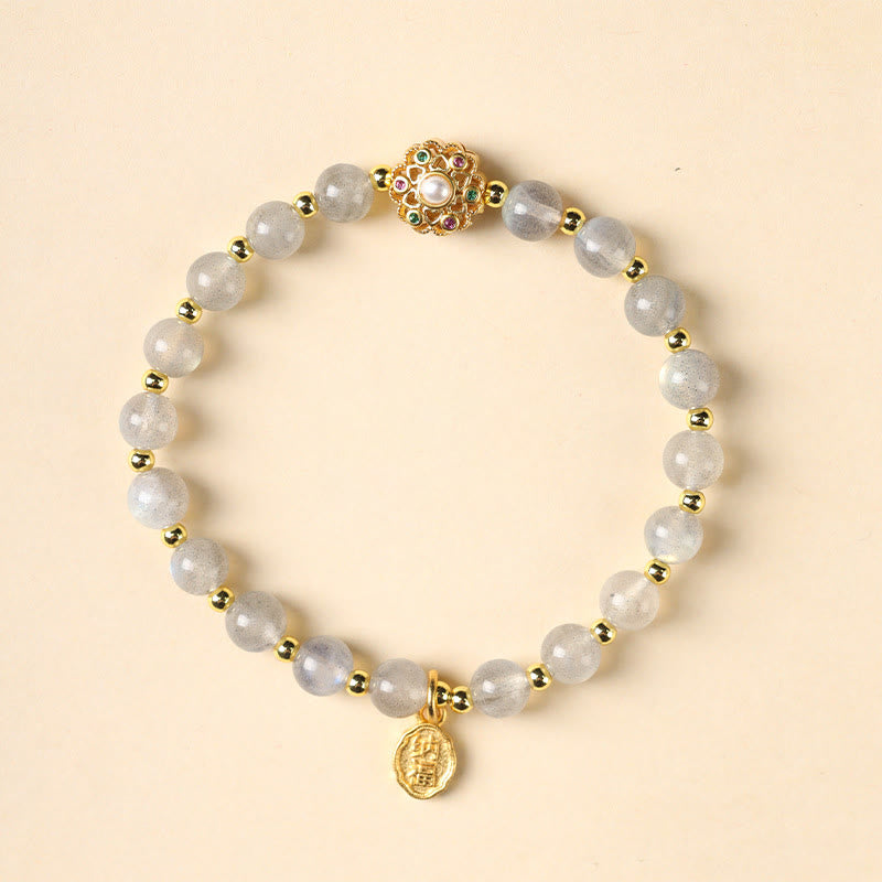 Buddha Stones 14K Gold Plated Natural Strawberry Quartz Labradorite Sun Stone Fu Character Positive Charm Bracelet - Labradorite(Wrist Circumference 15-16cm) - image 4