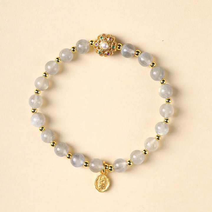 Buddha Stones 14K Gold Plated Natural Strawberry Quartz Labradorite Sun Stone Fu Character Positive Charm Bracelet - Labradorite(Wrist Circumference 15-16cm) - image 4