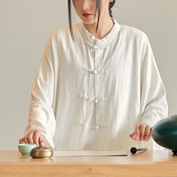 Buddha Stones Plain Frog-Button Design Shirt Zen Tai Chi Meditation Top Clothing Cotton Linen Jacket