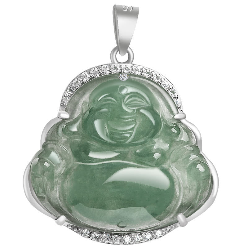 Buddha Stones Laughing Buddha Natural Jade Luck Prosperity Necklace Titanium Steel Chain Pendant - image 6