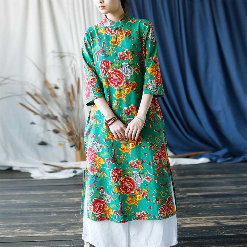 Buddha Stones Red Blue Peony Midi Dress Half Sleeve Cotton Linen Dress Wide Leg Pants With Pockets