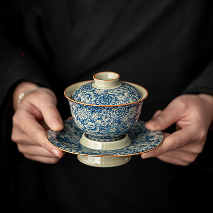 Buddha Stones Vintage Blue And White Porcelain Peach Blossom Lotus Peony Ceramic Gaiwan Sancai Teacup Kung Fu Tea Cup And Saucer With Lid - image 7