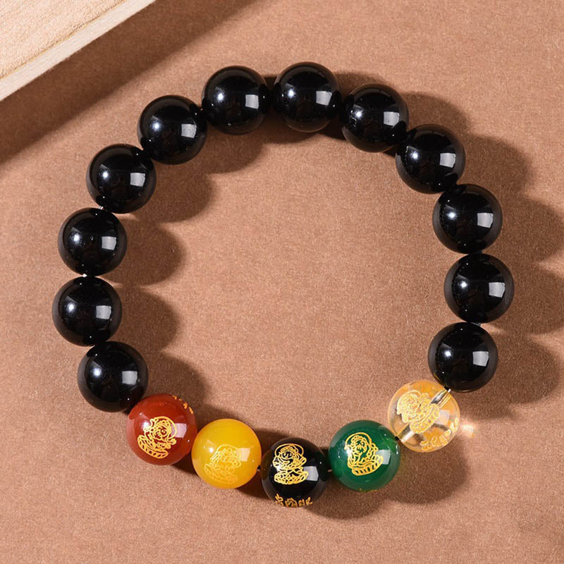 Buddha Stones Gold Sheen Obsidian Rainbow Obsidian Black Obsidian Five Directions Gods of Wealth Bracelet