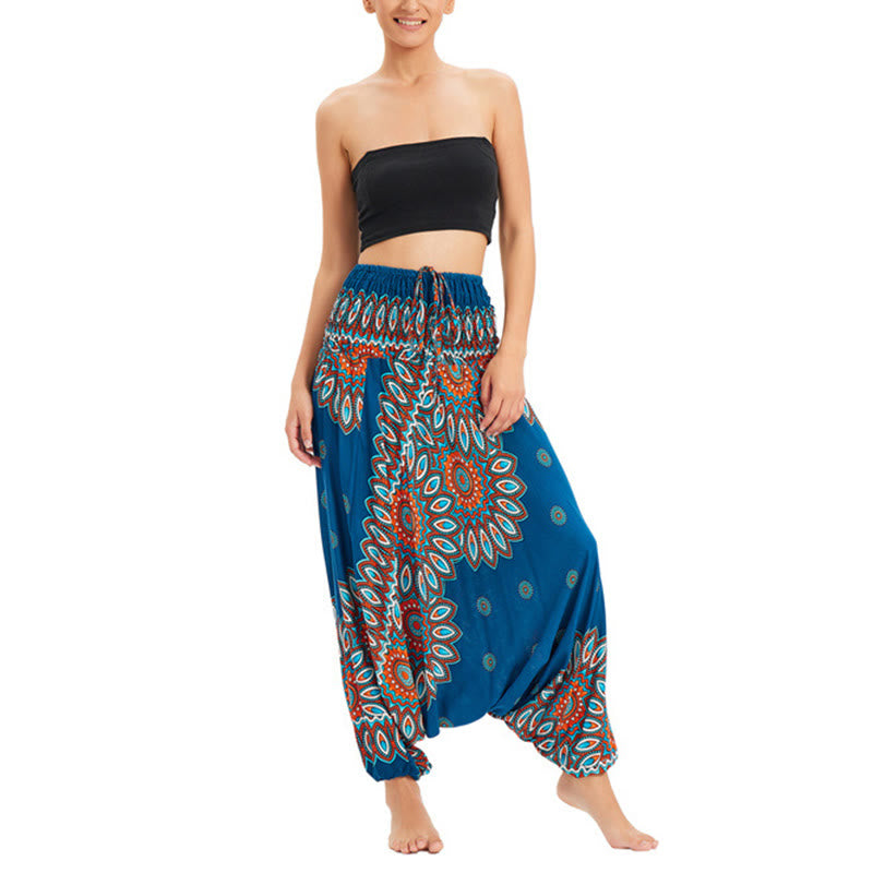 Buddha Stones Two Style Wear Sunflower Loose Smocked Harem Trousers Jumpsuit High Waist Pants