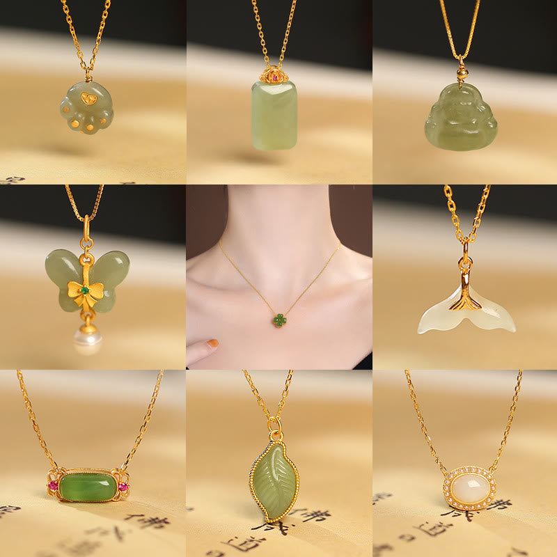 925 Sterling Silver Natural Hetian Jade Cyan Jade Luck Laughing Buddha Butterfly Necklace Pendant - image 1