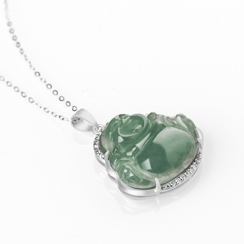 Buddha Stones 925 Sterling Silver Laughing Buddha Natural Jade Luck Prosperity Necklace Chain Pendant - image 3