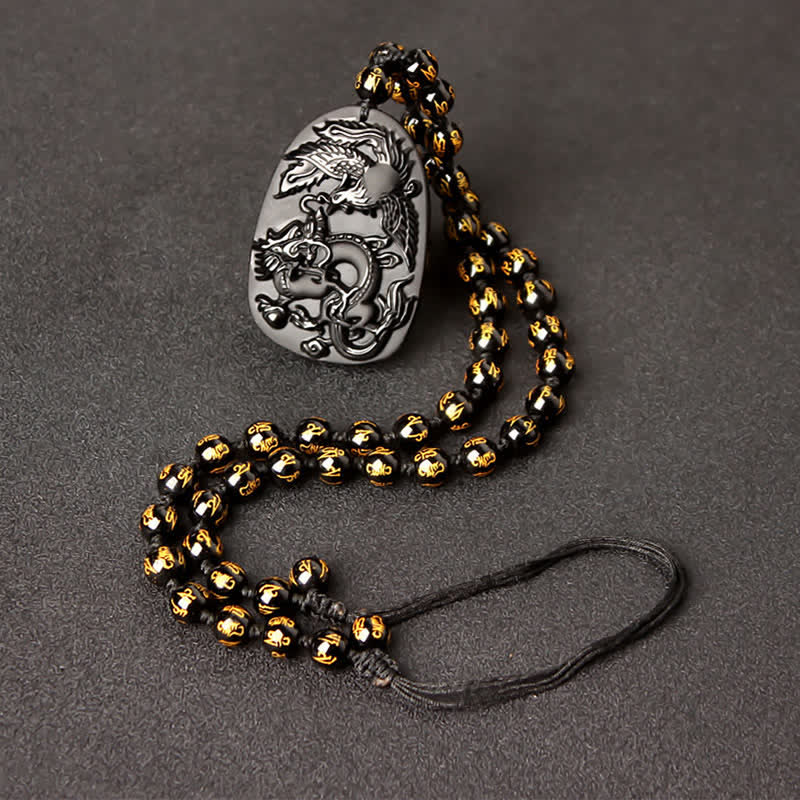 Black Obsidian Tiger Eye Dragon Phoenix Protection Beaded Necklace Pendant - Obsidian Gold Retractable Bead String - image 11