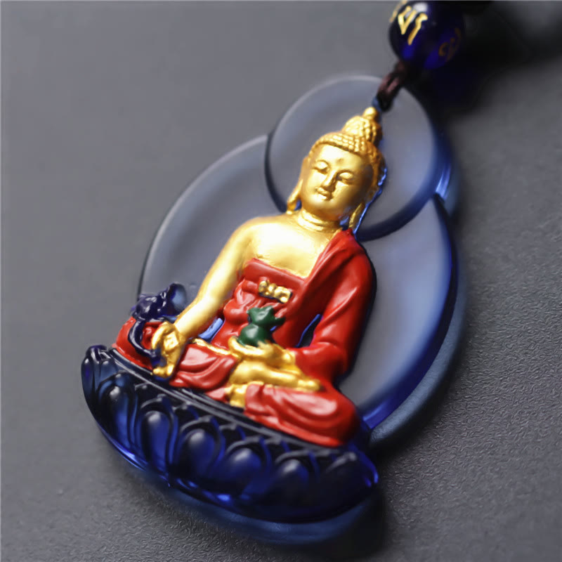 Buddha Stones Tibet Medicine Buddha Liuli Crystal Compassion Necklace Pendant - Blue Gold Medicine Buddha - image 1