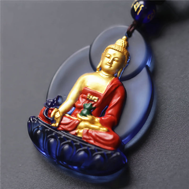 Buddha Stones Tibet Medicine Buddha Liuli Crystal Compassion Necklace Pendant - Blue Gold Medicine Buddha - image 1