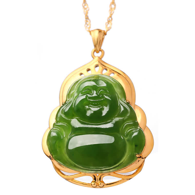 925 Sterling Silver Natural Hetian Cyan Jade Laughing Buddha 18K Gold Healing Necklace Chain Pendant - image 11