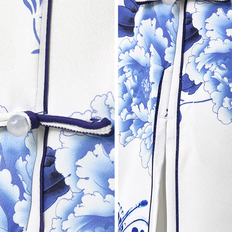 Buddha Stones Blue And White Porcelain Color Peony Flower Pattern Cheongsam Dress Women's Qipao Dress