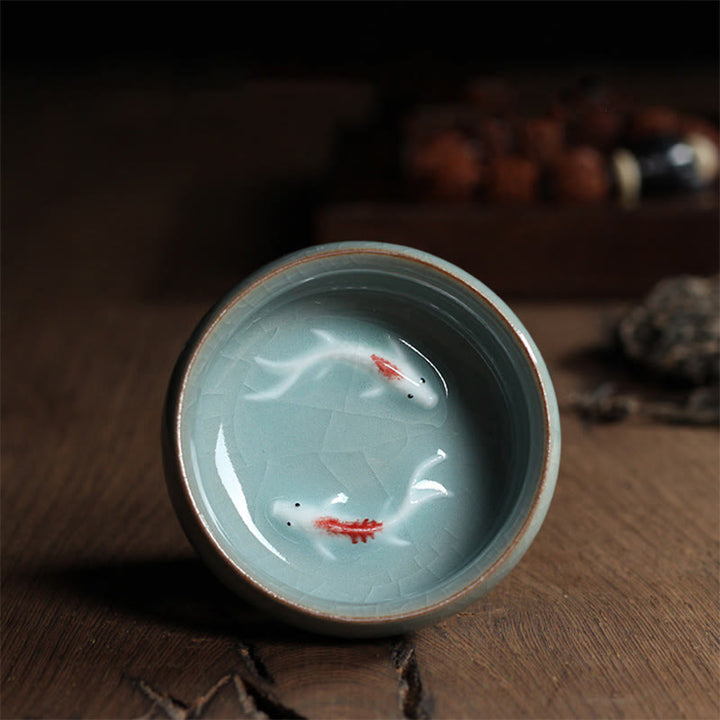 Buddha Stones Colorful Koi Fish Ceramic Teacup Kung Fu Tea Cup Bowl - Green Double Koi Fish 6.8cm*3.4cm*55ml - image 34