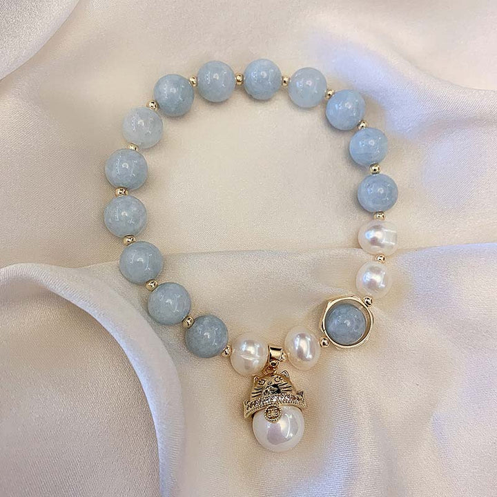 Buddha Stones Aquamarine Pearl Peace Healing Lucky Cat Charm Bracelet - image 6