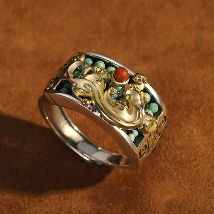 925 Sterling Silver Turquoise Red Agate PiXiu Abacus Protection Ring - image 9