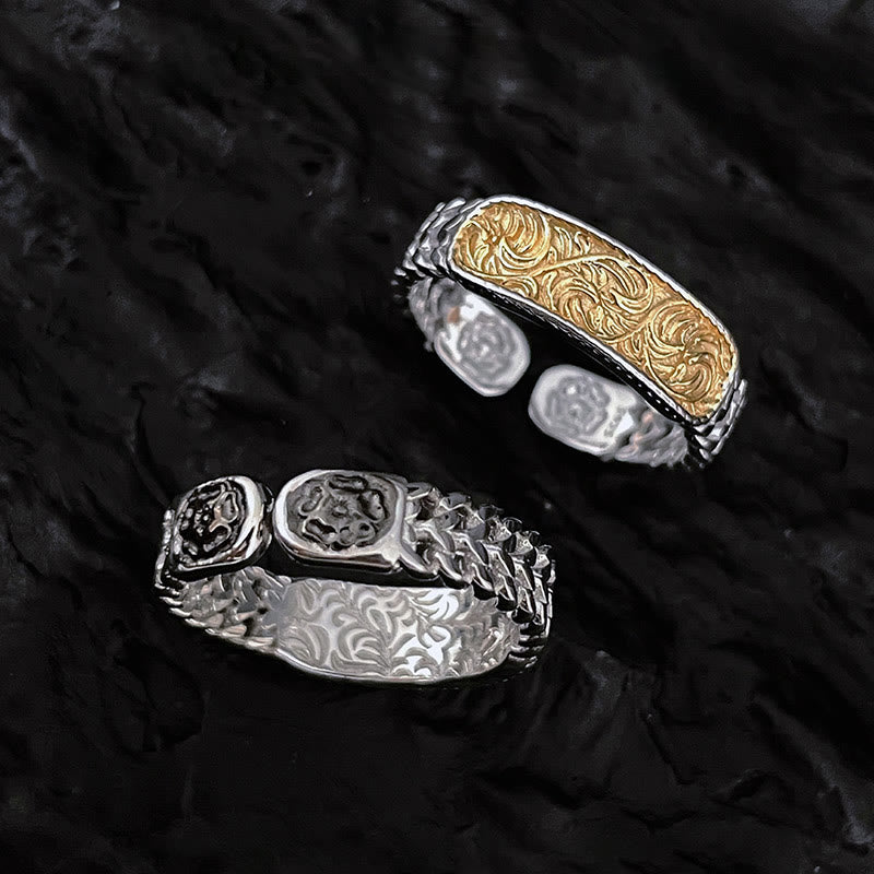 Tang Dynasty Flower Design Engraved Copper Luck Cuff Bracelet Bangle Adjustable Ring - image 5